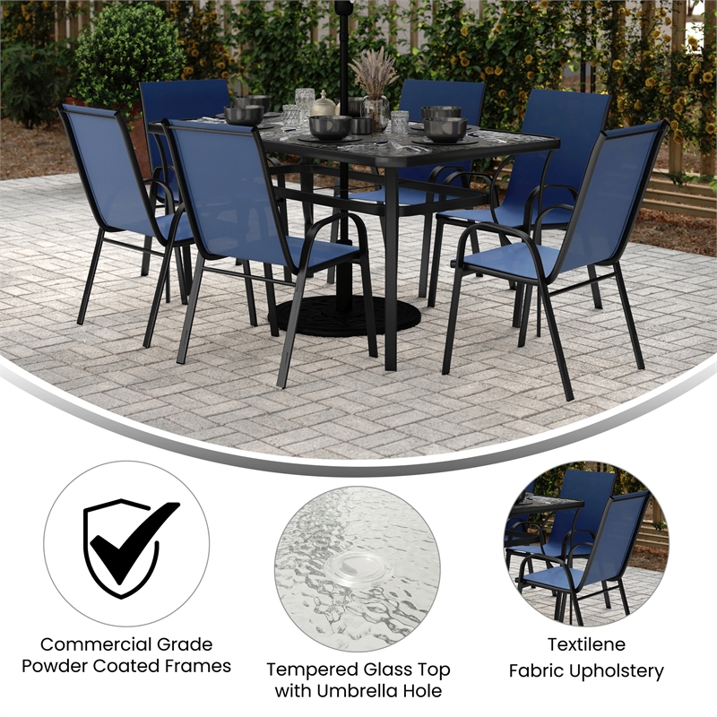 Afuera Living 7 Pc Outdoor Patio Dining Set with Glass Table & 6 Chairs in Navy