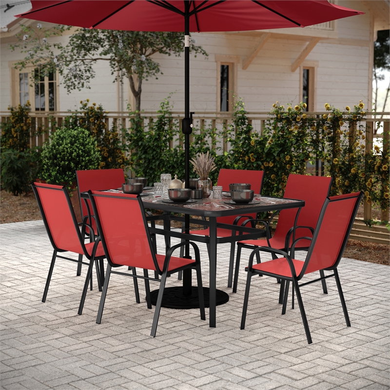 Afuera Living 7 Pc Outdoor Patio Dining Set with Glass Table & 6 Chairs in Red