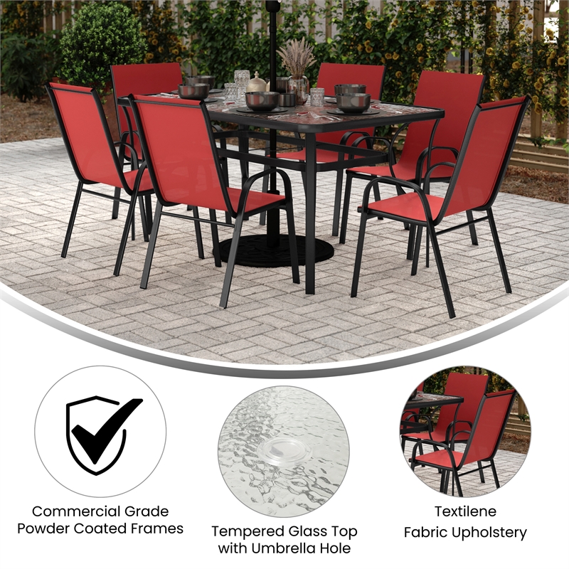 Afuera Living 7 Pc Outdoor Patio Dining Set with Glass Table & 6 Chairs in Red