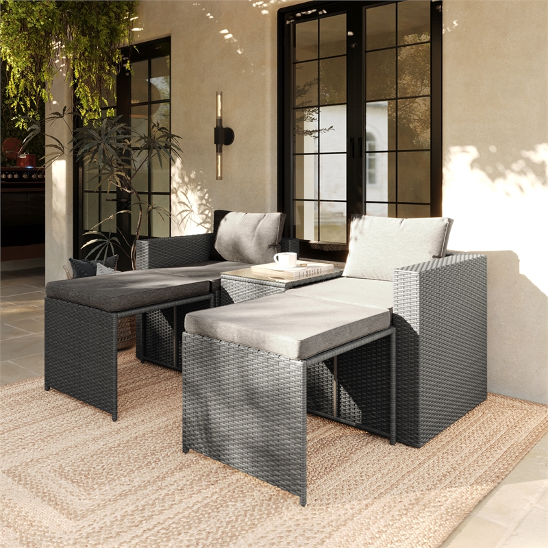 Afuera Living Modular Loveseat Sofa Set with Table & Ottomans in Gray/Gray