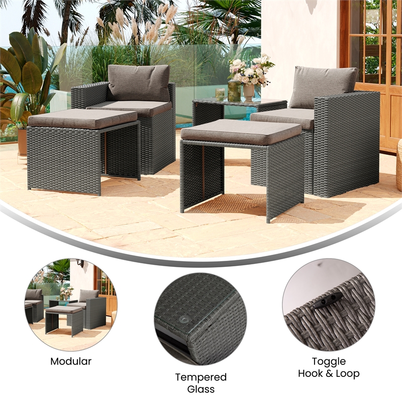 Afuera Living Modular Loveseat Sofa Set with Table & Ottomans in Gray/Gray
