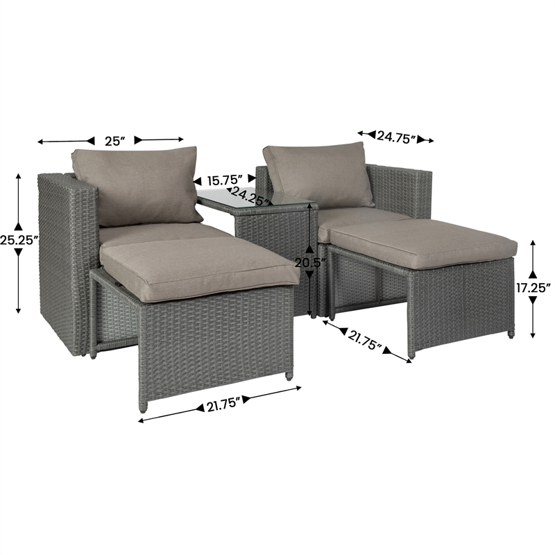 Afuera Living Modular Loveseat Sofa Set with Table & Ottomans in Gray/Gray