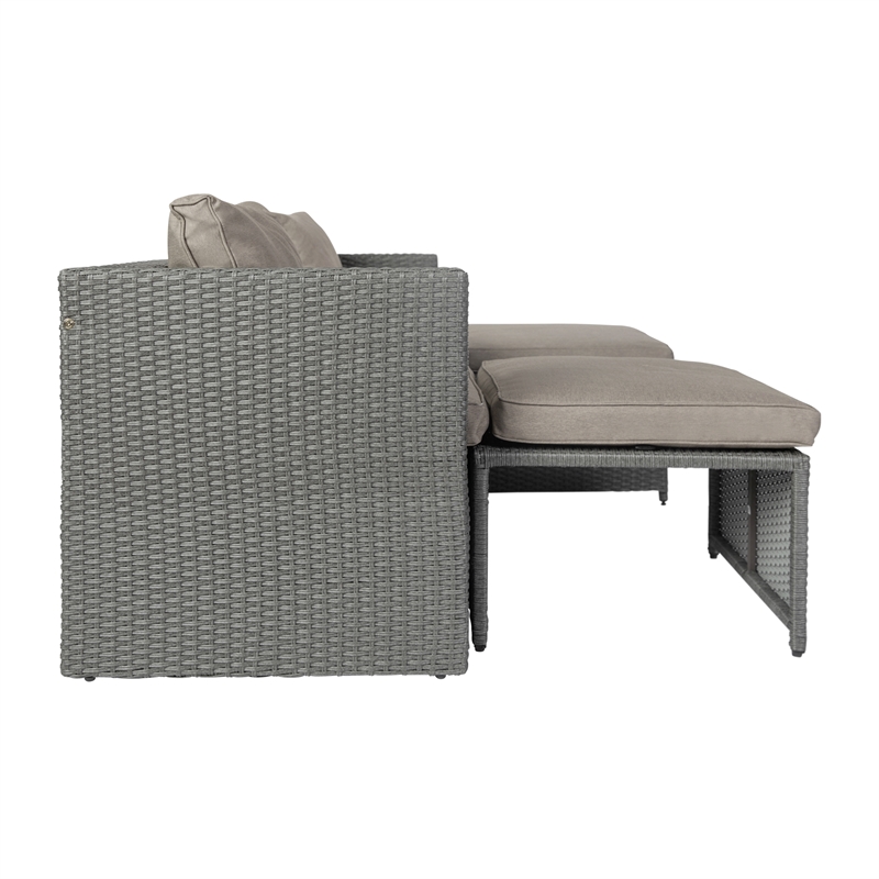 Afuera Living Modular Loveseat Sofa Set with Table & Ottomans in Gray/Gray