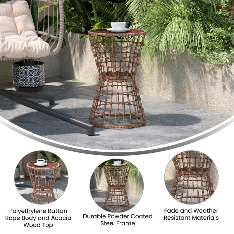 Afuera Living Indoor/Outdoor Natural Boho Rattan Rope Table with Acacia Wood Top
