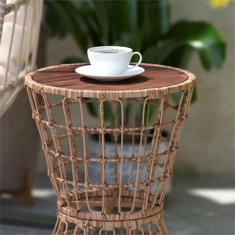 Afuera Living Indoor/Outdoor Natural Boho Rattan Rope Table with Acacia Wood Top