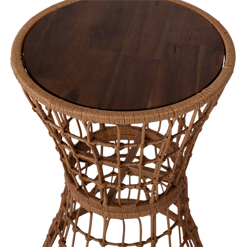 Afuera Living Indoor/Outdoor Natural Boho Rattan Rope Table with Acacia Wood Top
