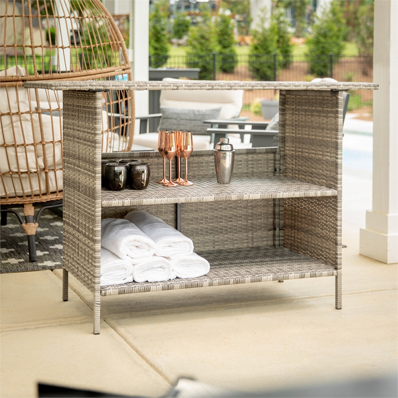 Afuera Living Wicker Rattan Patio Bar Counter Table with Two Shelves in Gray