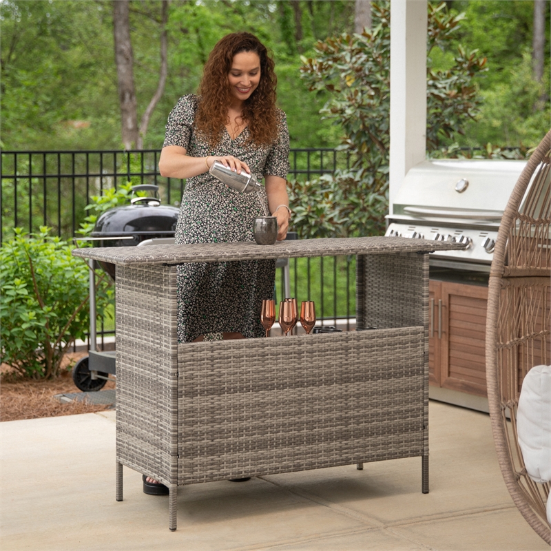 Afuera Living Wicker Rattan Patio Bar Counter Table with Two Shelves in Gray