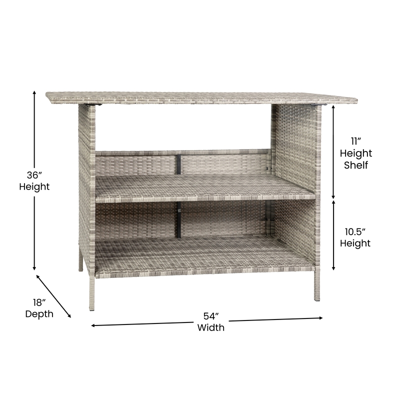 Afuera Living Wicker Rattan Patio Bar Counter Table with Two Shelves in Gray