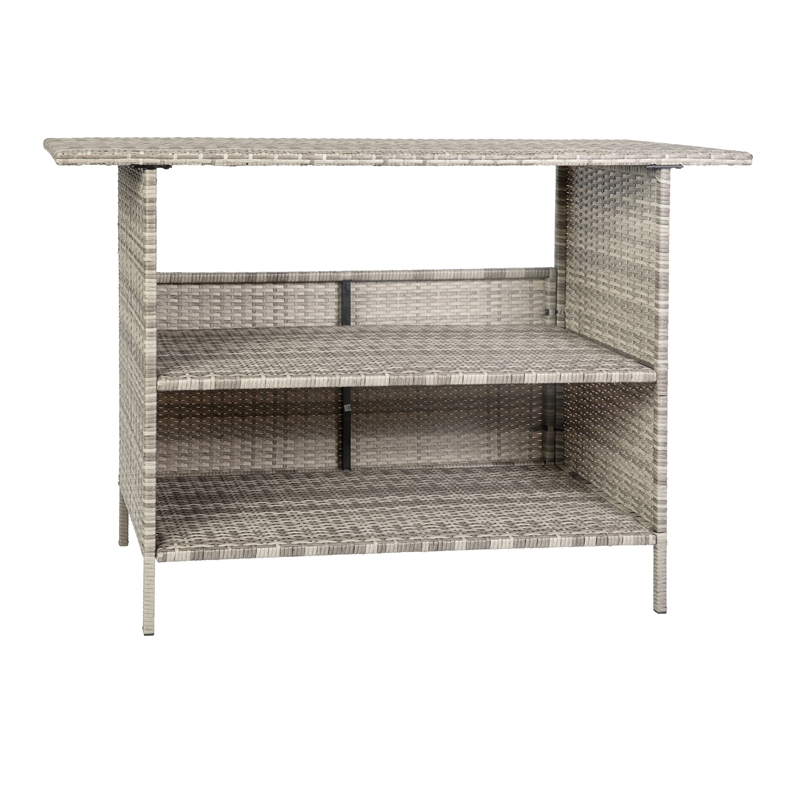 Afuera Living Wicker Rattan Patio Bar Counter Table with Two Shelves in Gray