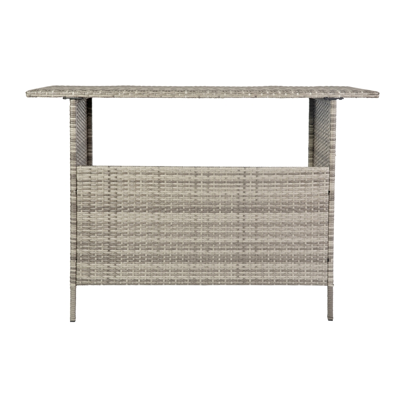 Afuera Living Wicker Rattan Patio Bar Counter Table with Two Shelves in Gray