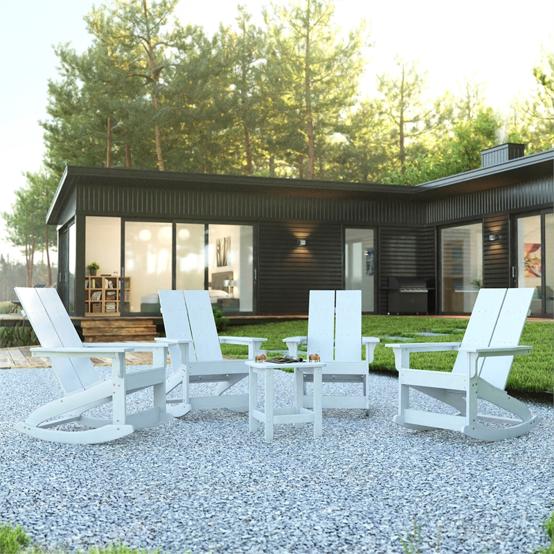 Afuera Living 4 White Dual Slat Adirondack Rocking Chairs with 1 Side Table