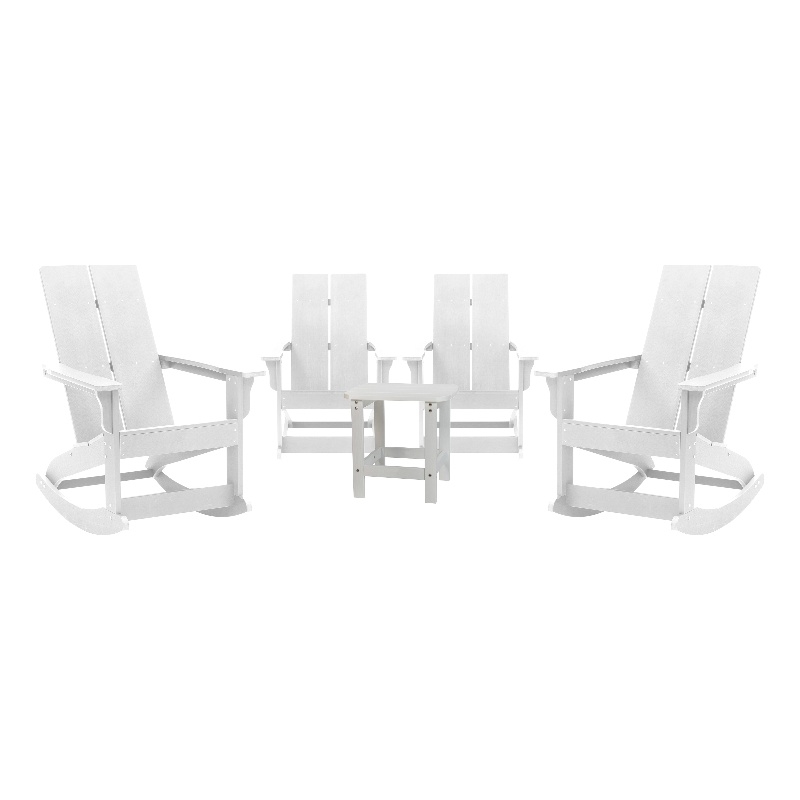 Afuera Living 4 White Dual Slat Adirondack Rocking Chairs with 1 Side Table