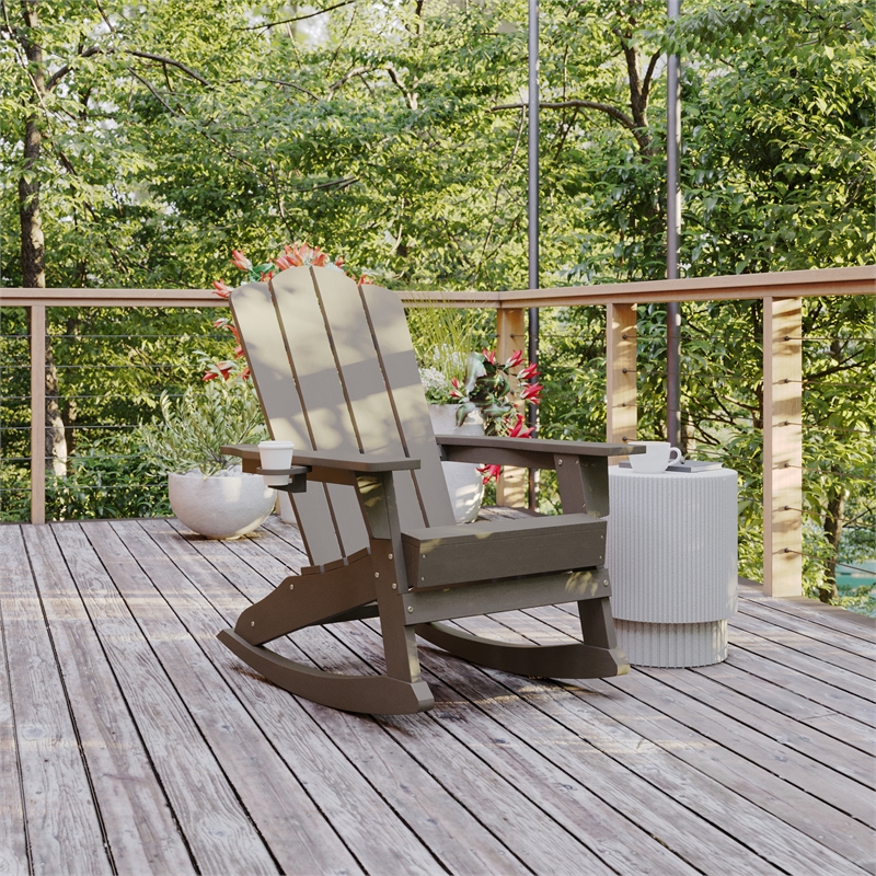 Afuera Living Rocking Adirondack Chair with Swiveling Cupholder - Brown