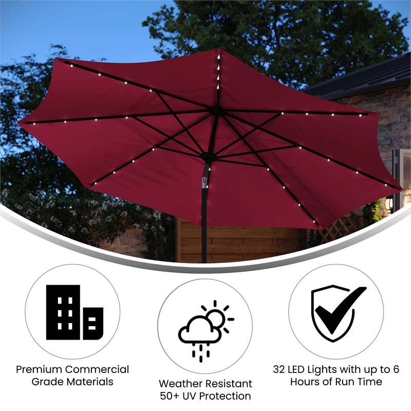 Afuera Living 9 FT 32 LED Light Solar Umbrella with Crank & Tilt Function in Red