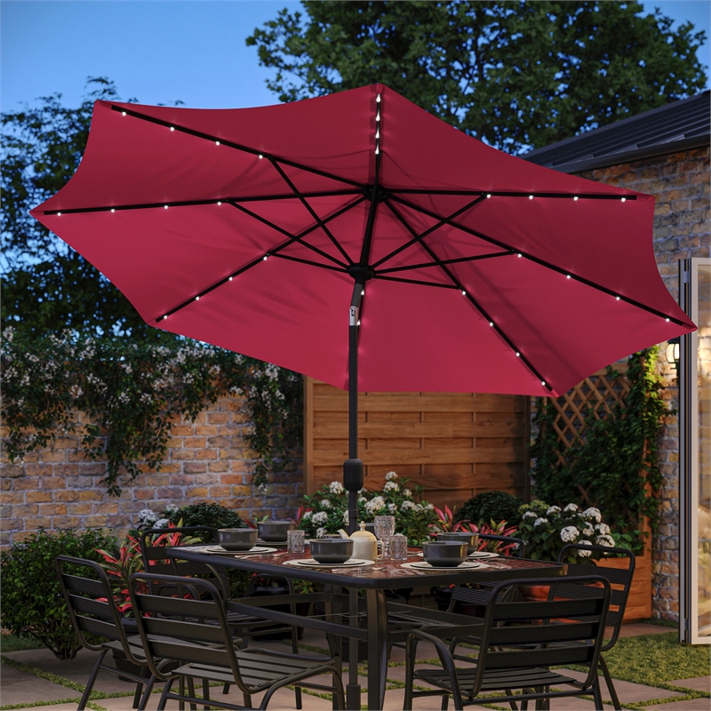 Afuera Living 9 FT 32 LED Light Solar Umbrella with Crank & Tilt Function in Red