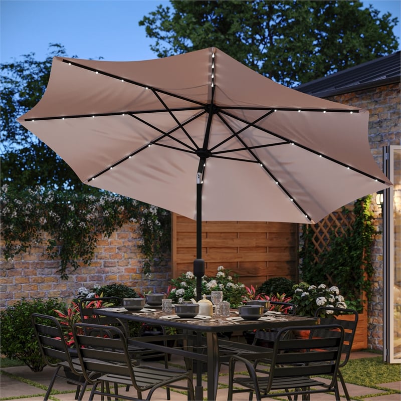 Afuera Living 9 FT 32 LED Light Solar Umbrella with Crank & Tilt Function in Tan