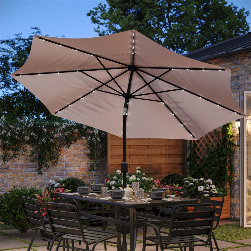 Afuera Living 9 FT 32 LED Light Solar Umbrella with Crank & Tilt Function in Tan