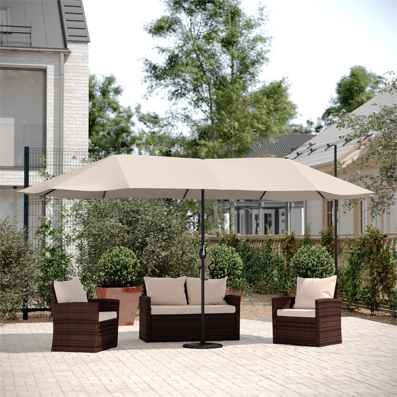 Afuera Living Tan 15' Triple Head Patio Umbrella with Crank & Easy Lift Function