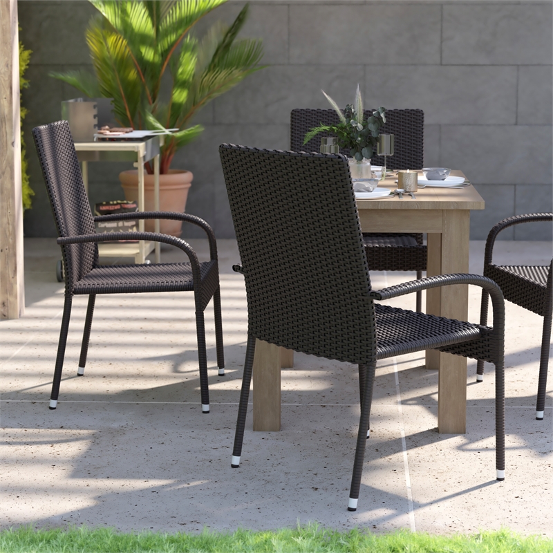Afuera Living Stacking Steel Framed Black Wicker Dining Armchairs - 4 Pack