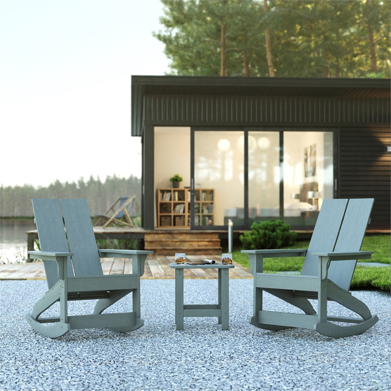 Afuera Living 2 Gray Dual Slat Resin Adirondack Rocking Chairs with 1 Side Table