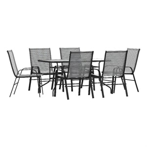 Afuera Living 7 Pc Patio Dining Set - 55&quot Glass Patio Table 6 Gray Stack Chairs