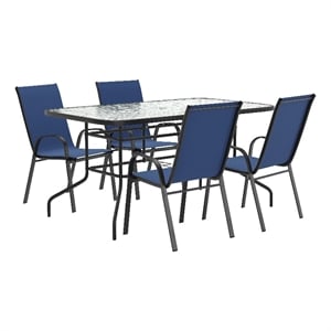 Afuera Living 5 Pc Patio Dining Set - 55&quot Glass Patio Table 4 Navy Stack Chairs