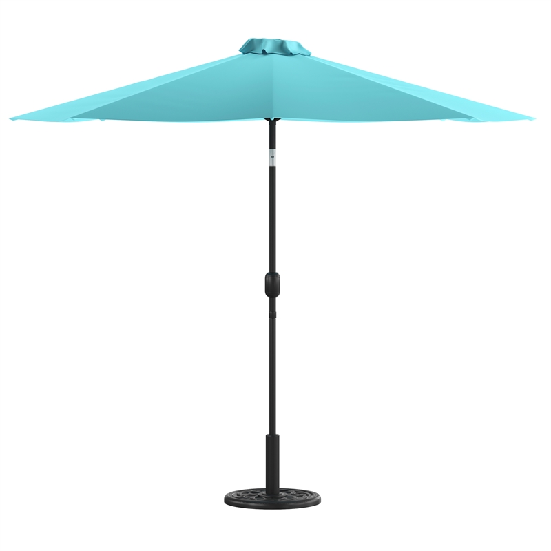 Afuera Living Teal 9 FT Round Umbrella & Universal Black Cement Waterproof Base