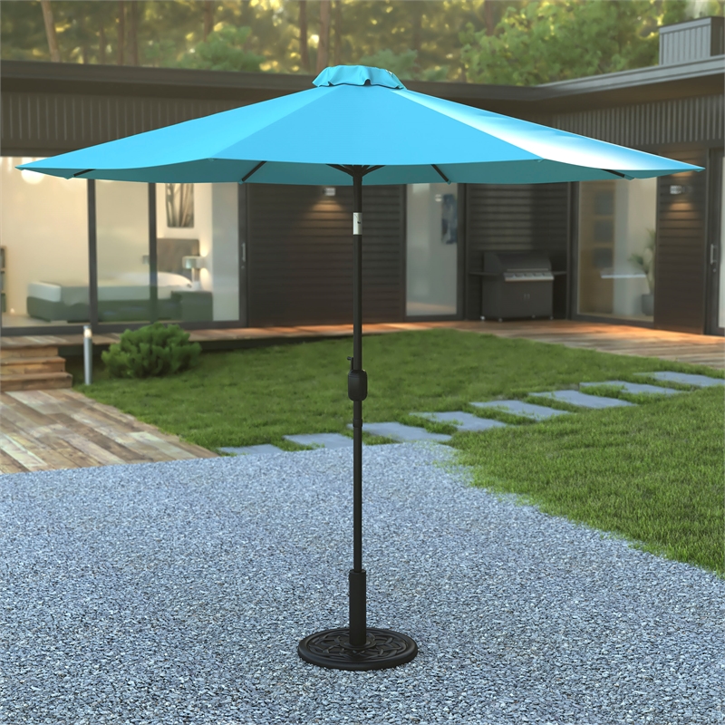 Afuera Living Teal 9 FT Round Umbrella & Universal Black Cement Waterproof Base