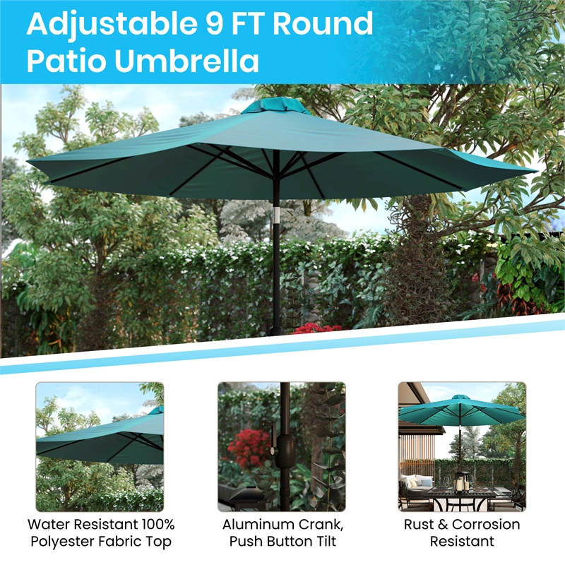 Afuera Living Teal 9 FT Round Umbrella & Universal Black Cement Waterproof Base