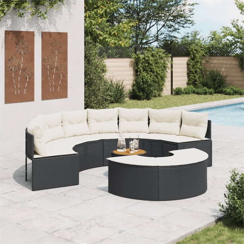 Afuera Living 3 Piece Half-Round Black Poly Rattan Patio Sofa Set in Cream White