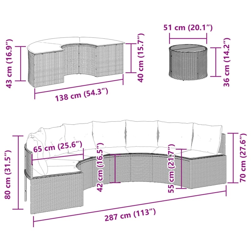 Afuera Living 3 Piece Half-Round Black Poly Rattan Patio Sofa Set in Cream White