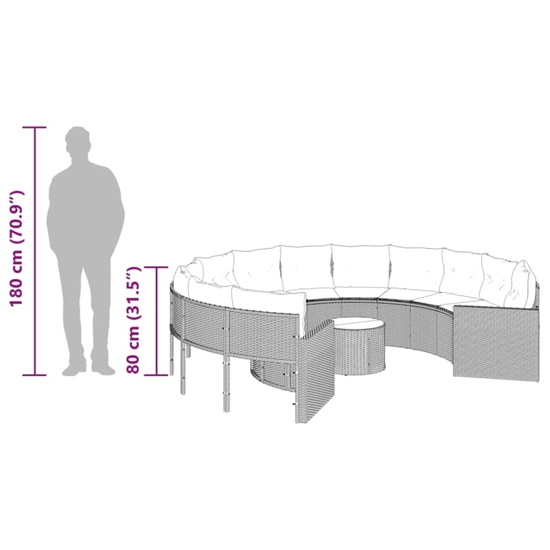 Afuera Living PE Rattan Round Garden Sofa With Steel Frame and Glass Top in Gray