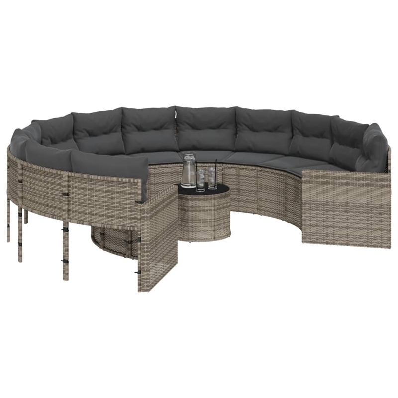 Afuera Living PE Rattan Round Garden Sofa With Steel Frame and Glass Top in Gray