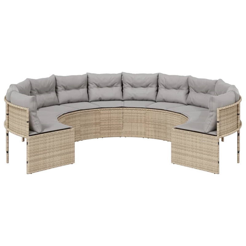 Afuera Living Round Patio Sofa With Cushions in Light Gray and Beige Poly Rattan