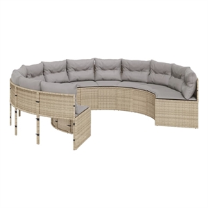 Afuera Living Round Patio Sofa With Cushions in Light Gray and Beige Poly Rattan