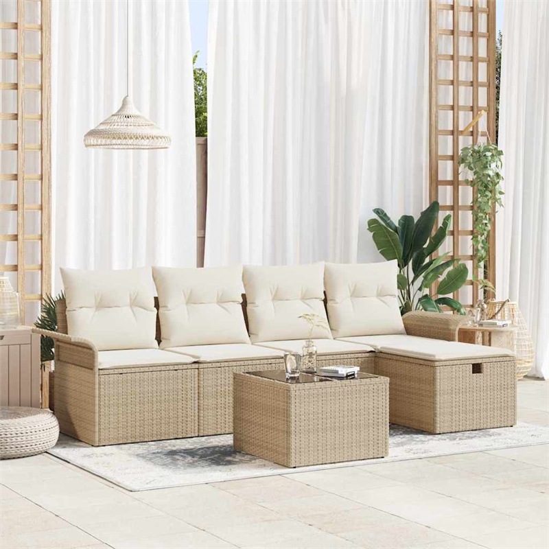 Afuera Living 6 Piece Beige Poly Rattan Garden Sofa Set With Cushions in Cream