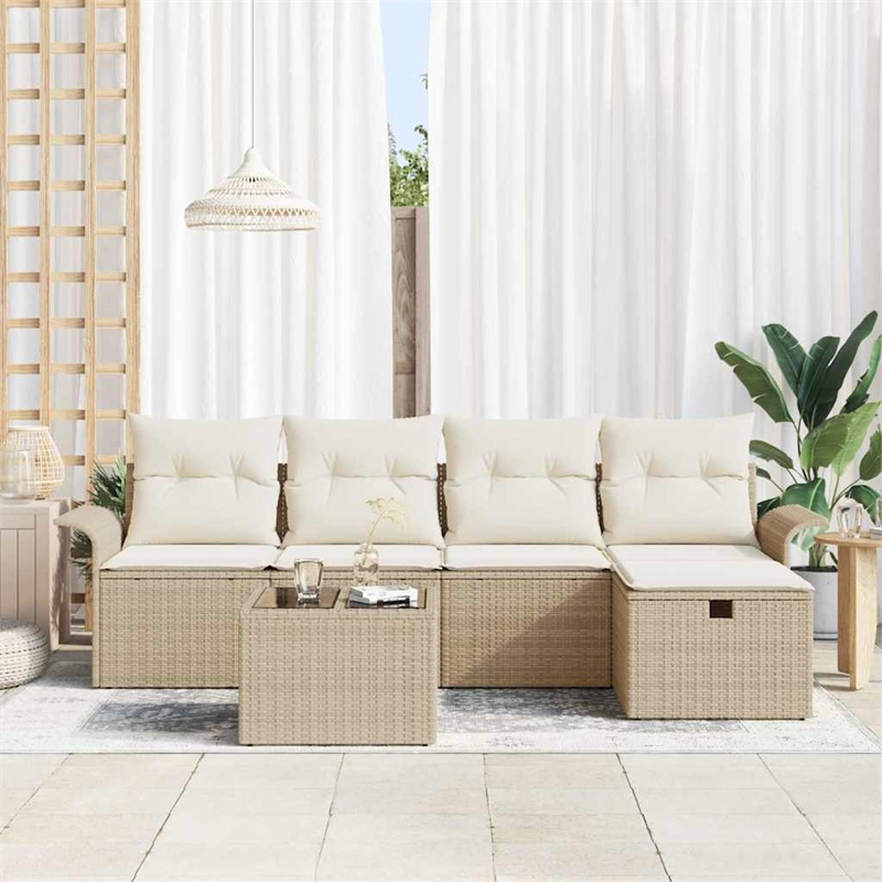 Afuera Living 6 Piece Beige Poly Rattan Garden Sofa Set With Cushions in Cream