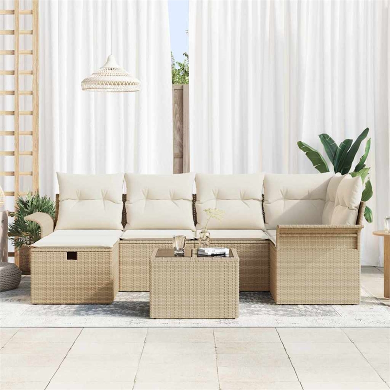 Afuera Living 7 Piece Beige Poly Rattan Garden Sofa Set With Cushions in Cream