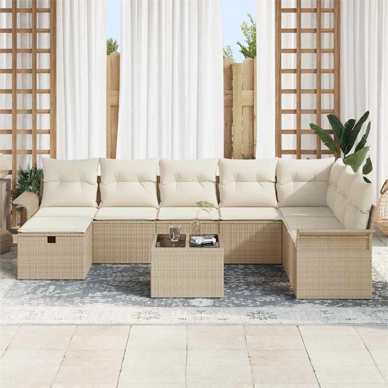 Afuera Living 9 Piece Beige Poly Rattan Garden Sofa Set With Cushions in Cream