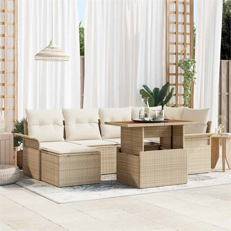 Afuera Living 7 Piece Beige Poly Rattan Garden Sofa Set With Cushions in Cream