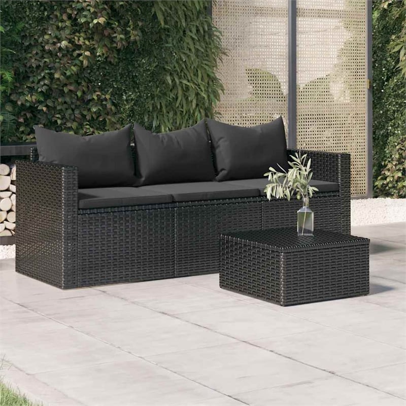 Afuera Living 3-Seater Poly Rattan Patio Sofa With Cushions in Black/Black Frame