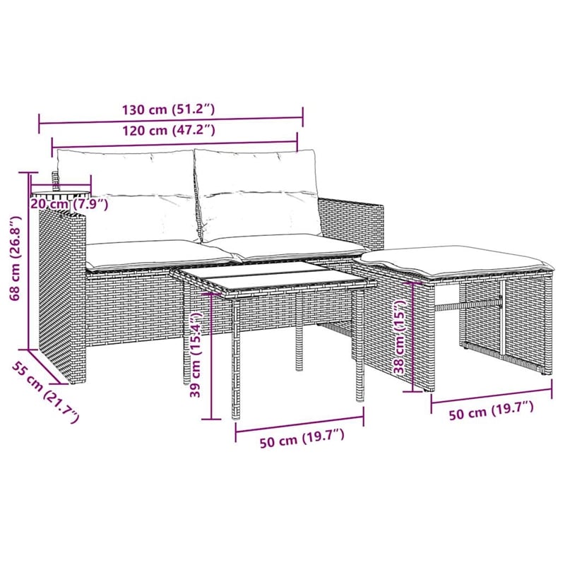 Afuera Living 2-Seater Poly Rattan Patio Sofa Set With Adjustable Feet in Brown