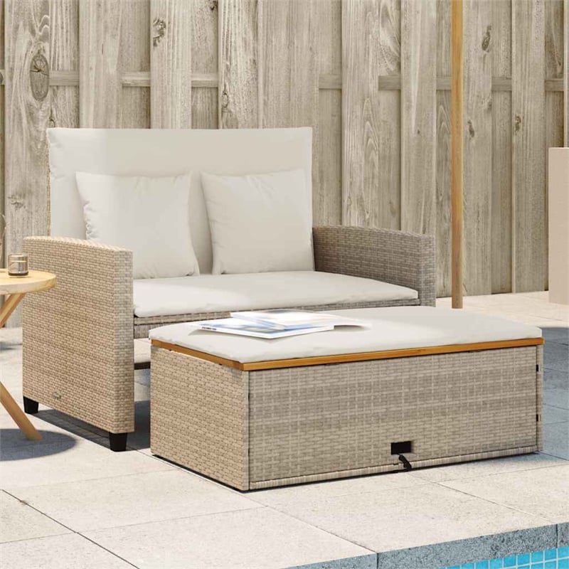 Afuera Living 2-Seater Convertible Poly Rattan Patio Sofa in Beige