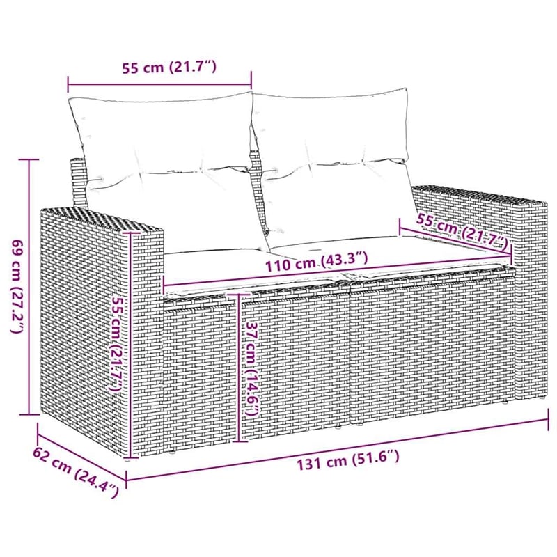 Afuera Living 2-Seater PE Rattan Garden Sofa With Adjustable Feet in Beige