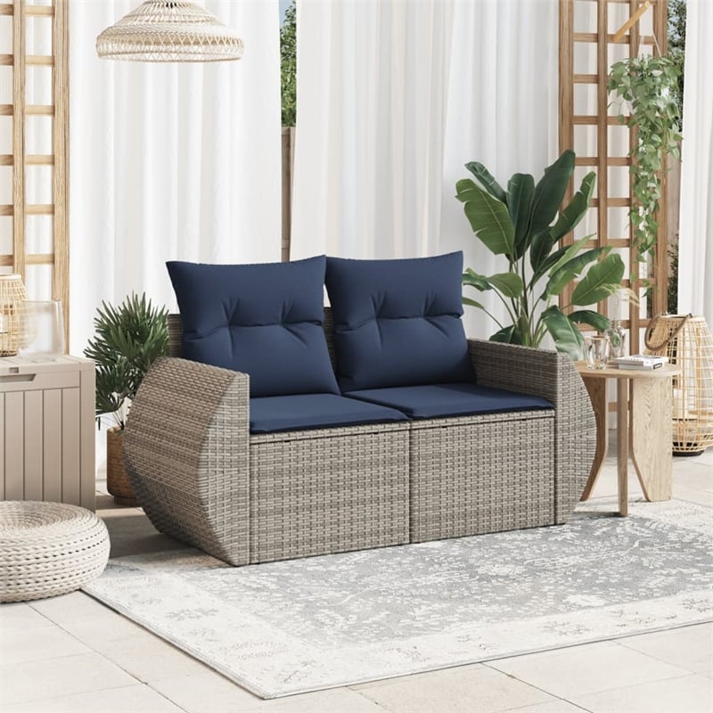 Afuera Living 2-Seater Patio Sofa with Cushions in Navy Blue & Gray Poly Rattan