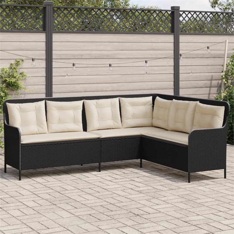 Afuera Living L-Shaped Patio Sofa With Cushions in Cream White & Black Rattan