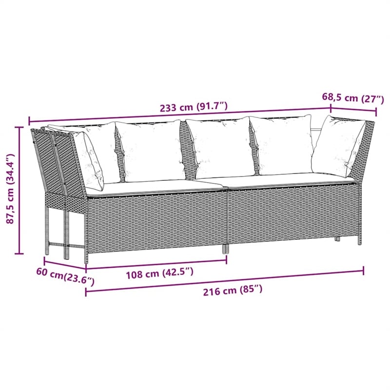 Afuera Living Patio Sofa with Cushions in Navy Blue and Gray Poly Rattan