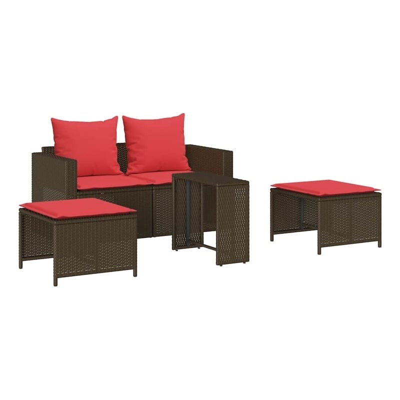 Afuera Living 5 Pc Stackable Patio Sofa Set With Cushions in Red & Brown Rattan