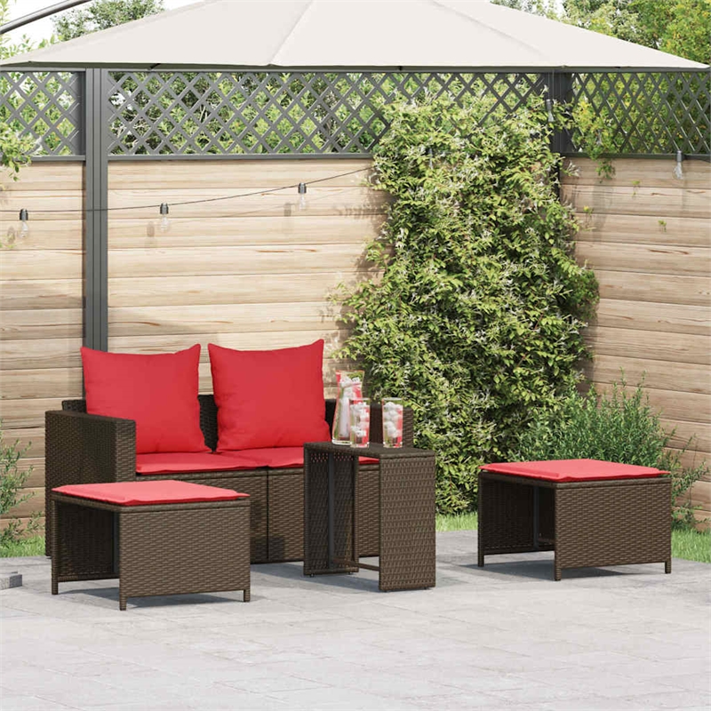 Afuera Living 5 Pc Stackable Patio Sofa Set With Cushions in Red & Brown Rattan